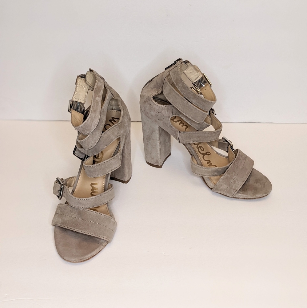 Sam Edelman Buckle Suede Camel Heel Sandals Size 7.5